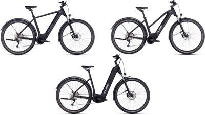 Zu sehen sind drei schwarze Cube Nuride Hybrid E-Bikes, jeweils mit einem Diamant-Rahmen, ein Trapez-Rahmen und ein Tiefeinsteiger-Rahmen.