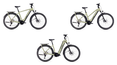 Zu sehen sind drei weiße Cube Kathmandu Hybrid E-Bikes, jeweils mit einem Diamant-Rahmen, ein Trapez-Rahmen und ein Tiefeinsteiger-Rahmen.