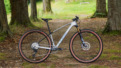 Zu sehen ist ein silbernes Cube Mountainbike, auf einem Waldweg.