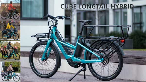 Zu sehen ist eine kleine Bild Collage mit dem Titel Cube Longtail Hybrid. Darauf ist das blaue Cube Lastenrad mit unterschiedlichen Einsatzmöglichkeiten abgebildet.