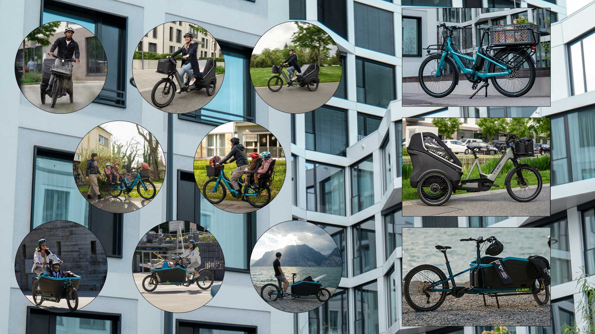 Zu sehen ist eine Bild Collage, mit verschiedenen Situationen, in denen mit einem Lastenrad gefahren wird. Hierbei werden die verschiedenen Einsatzmöglichkeiten eines Lastenrads verdeutlicht.