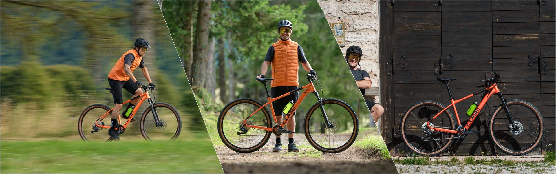 Banner mit drei Bildern, getrennt durch weiße Linien. Links fährt ein Radfahrer im Stehen auf einem Cube Attention Hardtail Mountainbike. In der Mitte steht er hinter dem Fahrrad und hält es fest. Rechts sitzt er auf einer Bank, das Cube Attention lehnt an der Wand.