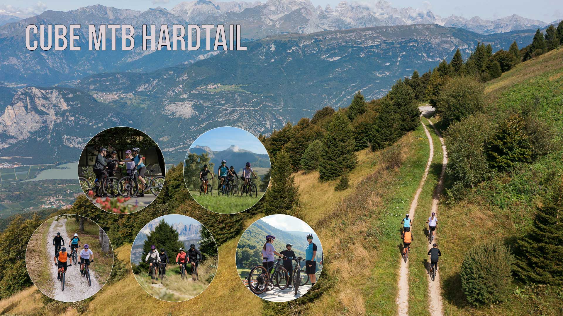 Zu sehen ist eine Bild Collage mit dem Titel Cube Mtb Hardtail, darauf sind Menschengruppen, wie sie gemeinsam Rad fahren.