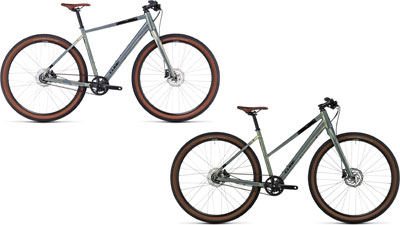 Zwei Cube Hyde Pro Fahrräder, eins mit Diamantrahmen und eins mit Trapezrahmen.