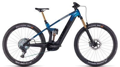 Zu sehen ist ein blaues Cube Stereo Hybrid 140 HPC SLT E-Bike, mit goldenen Stoßdämpfern.
