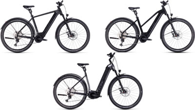 Zu sehen sind drei schwarze Cube Nuride Hybrid E-Bikes, jeweils mit einem Diamant-Rahmen, ein Trapez-Rahmen und ein Tiefeinsteiger-Rahmen.
