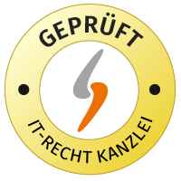 Zu sehen ist ein rundes IT-Recht Kanzlei Logo in den Farben gelb und weiß mit der Aufschrift GEPRÜFT