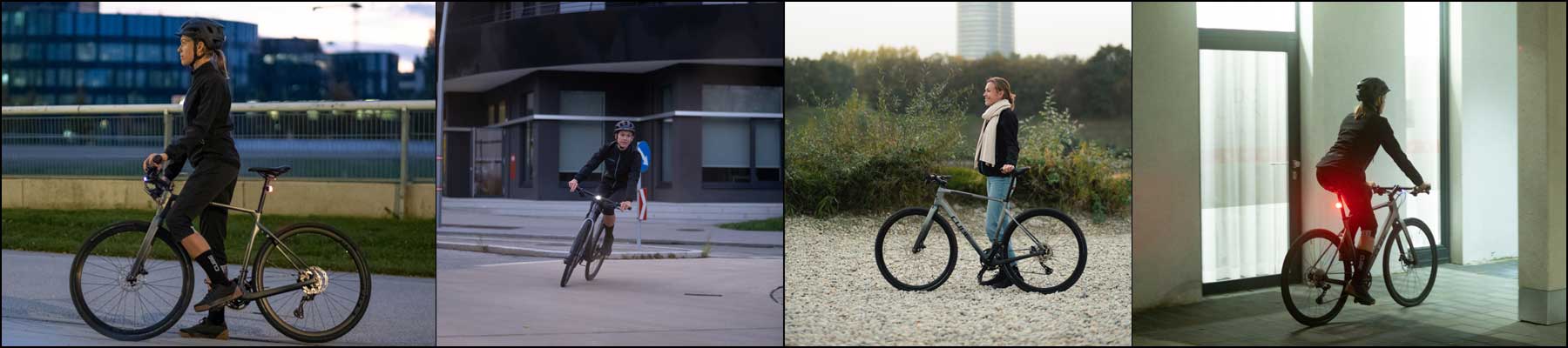 Banner mit vier Bildern einer Radfahrerin mit einem Cube Nulane Fahrrad in verschiedenen Situationen auf der Straße.