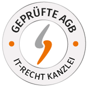 Zu sehen ist ein rundes IT-Recht Kanzlei Logo mit der Aufschrift geprüfte AGB