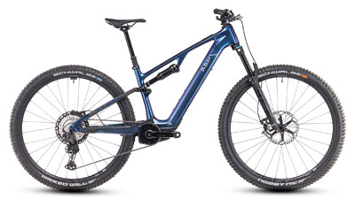 Zu sehen ist ein dunkel blaues Cube AMS Hybrid Fahrrad.