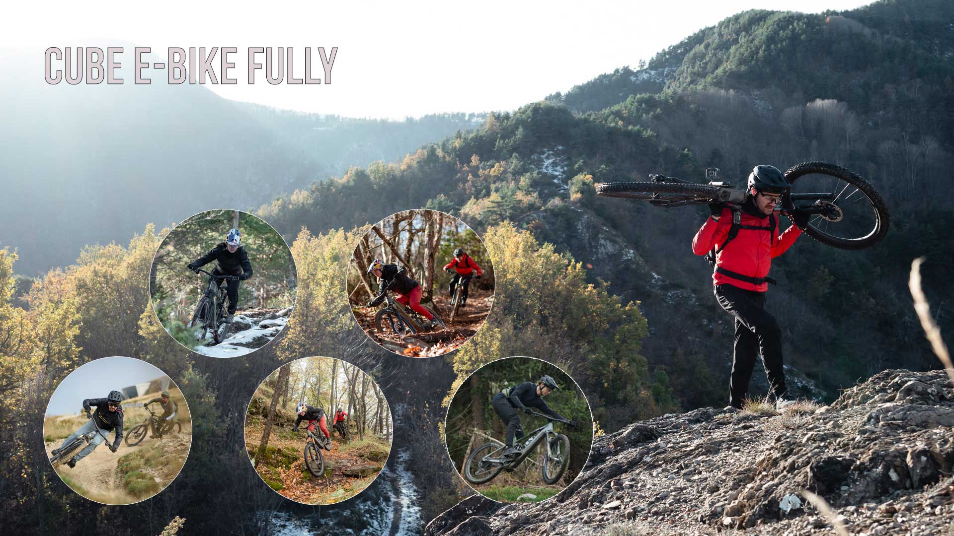 Zu sehen ist eine Bild Collage mit dem Titel Cube E-Bike Fully. Daruf sind Fully-Fahrer sie beeindruckende Hänge herunter fahren.