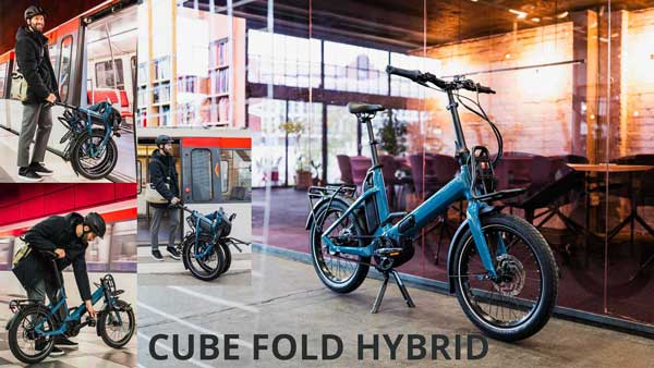 Zu sehen ist eine kleine Bild Collage mit dem Titel Cube Fold Hybrid. Darauf ist das blaue Cube Faltrad in unterschiedlichen Alltagssituation abgebildet.