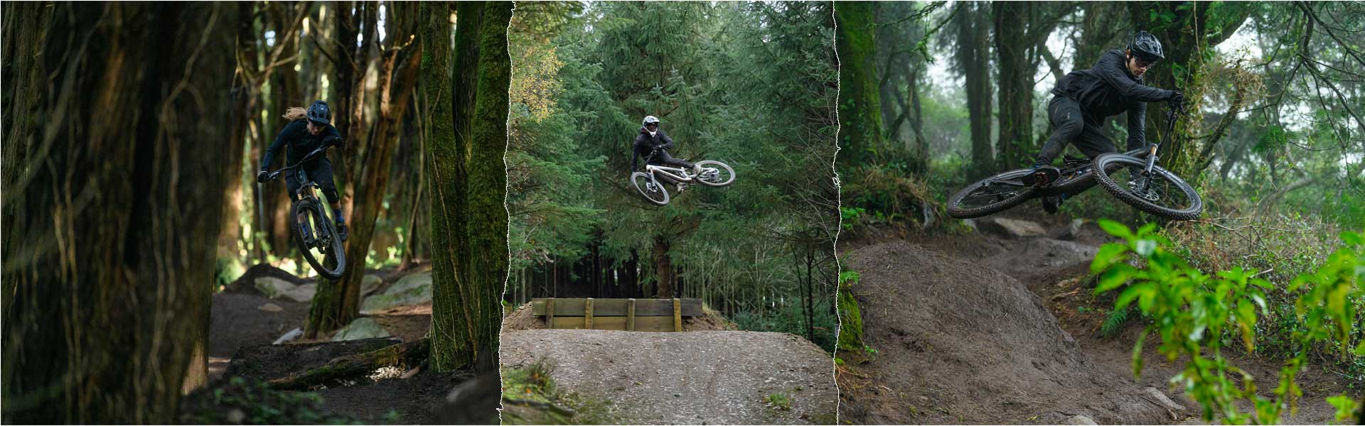 Banner mit zerrissenen Übergängen. Links springt eine Frau im Wald mit einem Cube Stereo Fully Mountainbike. In der Mitte ein Radfahrer mit Fullface-Helm bei einem hohen Sprung. Rechts ein weiterer Sprung mit einem Cube Stereo Fully Mountainbike.