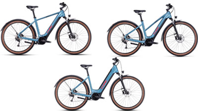 Zu sehen sind drei blaue Cube Nuride Hybrid E-Bikes, jeweils mit einem Diamant-Rahmen, ein Trapez-Rahmen und ein Tiefeinsteiger-Rahmen.