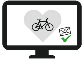 Ein Herz-Icon mit einem Fahrrad im inneren, befindet sich in einem Computer-Monitor.