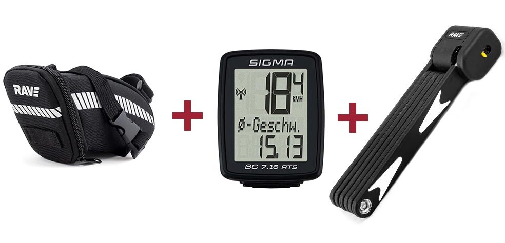 RAVE Satteltasche Strap L + Sigma Fahrradcomputer BC 7.16 ATS + RAVE Faltschloss Ultimate Pro 8